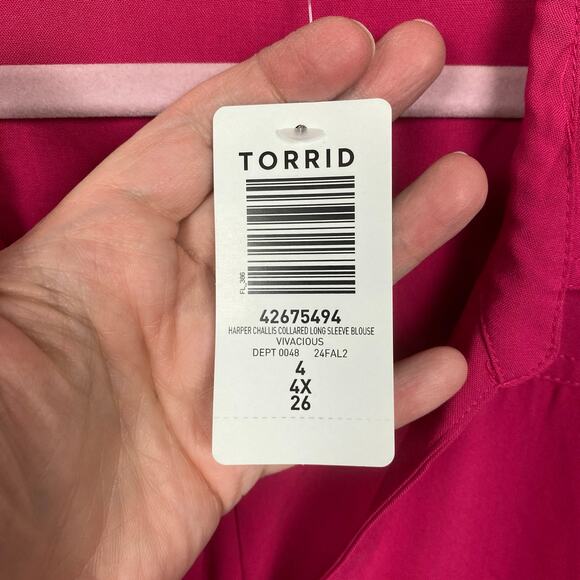 Torrid Vivaceous Pink Harper Challis Collared Long Sleeve Blouse Sz.4 NWT - Picture 8 of 12